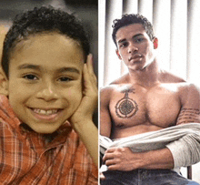 a young boy is smiling next to a man with a tattoo on his chest