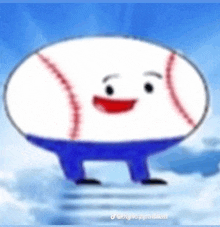 a cartoon baseball with a face is flying through the sky .