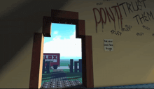 a doorway with graffiti on it that says " pontitrust this "