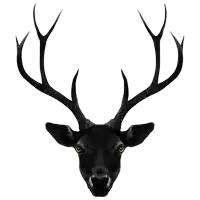 a black deer with yellow eyes and antlers