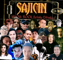 a group of men are posing for a picture in front of a sign that says sajicin