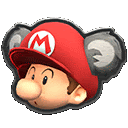 a cartoon character wearing a red hat with a m on it and ears .