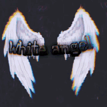 a glitch effect shows a pair of white angel wings with the words white angel written below them