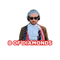a man in a patriotic costume is holding an 8 of diamonds card in front of his face