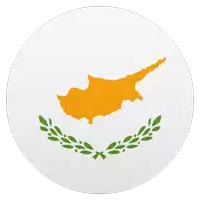 a white circle with a map of cyprus and a green laurel wreath