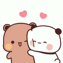 a cartoon of two bears hugging each other with hearts in the background