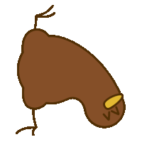 a cartoon drawing of a brown bird with a yellow beak standing upside down