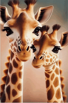 a painting of two giraffes looking at each other with their eyes closed