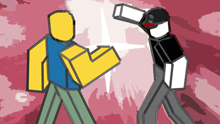 a cartoon drawing of two roblox characters fighting