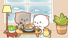 two cats are sitting at a table with a bowl of food