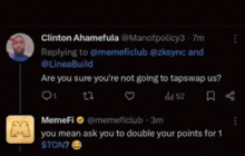 a screenshot of a twitter conversation between memefi and clinton ahamefula