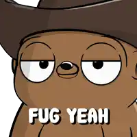 a cartoon character wearing a cowboy hat and the words fug yeah