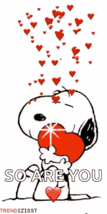 a cartoon of snoopy holding a heart with the words so are you written below him