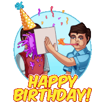 a cartoon of a man blowing a party horn with the words happy birthday