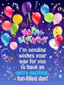 a happy birthday card with balloons and confetti on a blue background