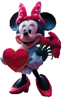 minnie mouse is holding a heart and a bouquet of roses