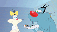 a cartoon character with a red nose is holding a bunch of jelly beans