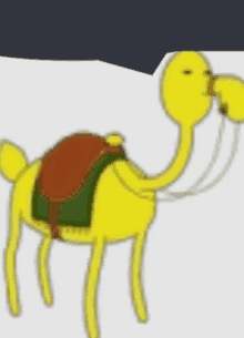 a yellow cartoon camel with a saddle on its back