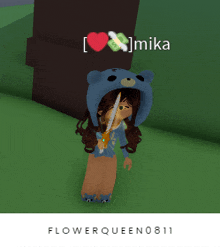 a girl in a teddy bear hat is holding a sword and the name mika is above her head