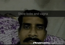 a man with a mustache is laying on a bed with the words show bobs and vagina above him