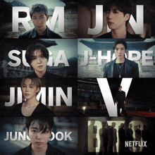 a collage of images with the names rm jin suga j-hope and jimin