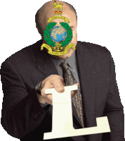 a man in a suit and tie holds a piece of paper in front of his face with the emblem for gibraltar