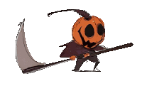 a cartoon drawing of a pumpkin with a scythe