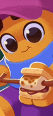 a close up of a cartoon character holding a s'mores on a stick