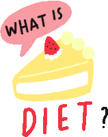 a slice of cake with a strawberry on top and a speech bubble that says what is diet