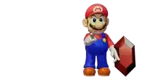 a mario character holding a red block with a m on his hat