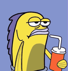 a cartoon character is holding a cup with a straw in it