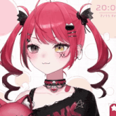 a girl with red hair is wearing a choker and earrings