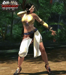 a woman in a yellow top and white skirt is dancing in front of a tekken logo