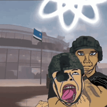 a cartoon of a man with his tongue out and a flag in the background