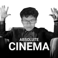 a black and white photo of a man with glasses and the words absolute cinema