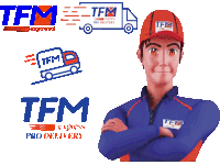 a man with his arms crossed is standing in front of a tfm express pro delivery logo