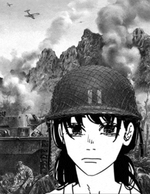 a black and white drawing of a girl in a military helmet