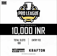 the pro league prizepool for battlegrounds mobile india is 10,000 inr