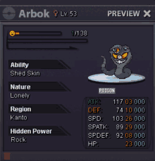 a screenshot of a pokemon game called arbok lv 53