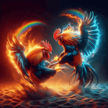 a painting of two roosters fighting with flames and a rainbow in the background