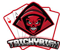 a logo for trickybish with a skull and playing cards in the background