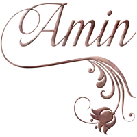 the word amin is on a white background with a flower in the corner