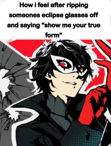 a poster of joker from persona 5 with the caption " how i feel after ripping someone 's eclipse glasses off