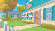 a loading screen for a video game shows a house with a blue roof