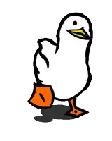 a cartoon drawing of a white duck with orange feet