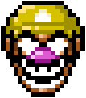 a pixel art of a cartoon character with a purple nose and a yellow hat .