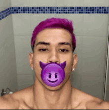 a shirtless man with pink hair has a devil emoji on his face