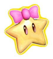 a yellow star with a pink bow on its head