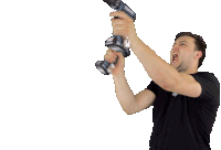 a man in a black shirt is holding a pair of drills in his hands