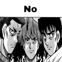 three anime characters are standing next to each other and the word no is on the bottom right